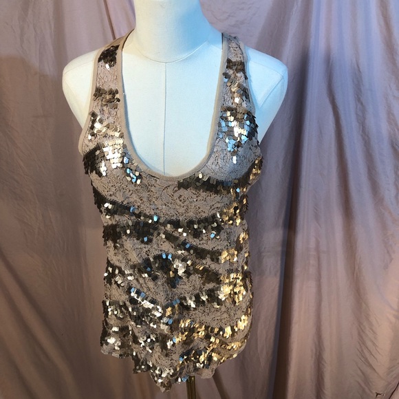 Rue21 Beige Lace Sequin Sleeveless Tank Shirt Size Medium Large - Picture 4 of 8